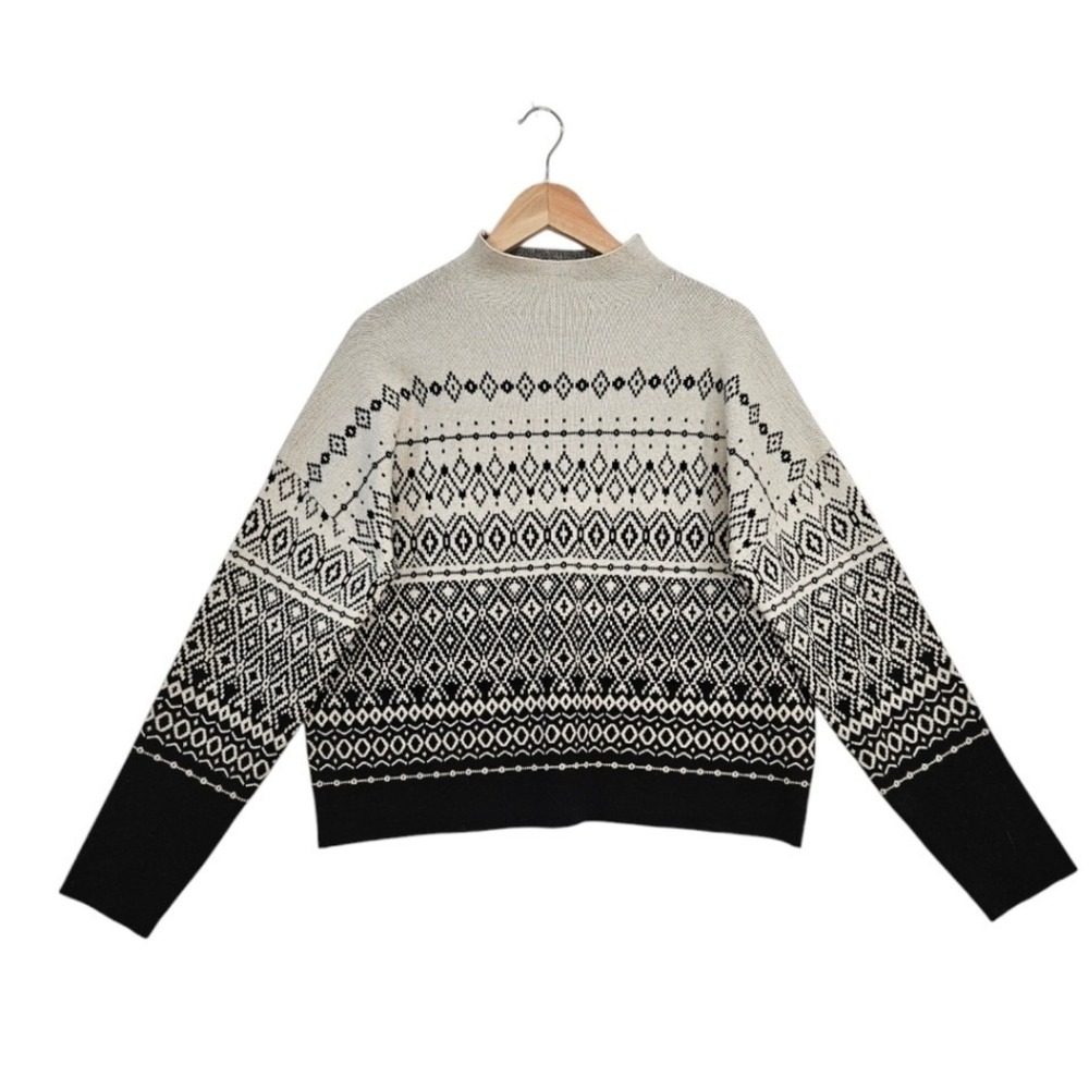 Joie Womens Black White Fair Isle Mock Neck Sweater XL Geometric Boho Pullover - Picture 1 of 8